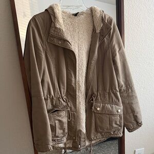 Cozy Tan Hooded Jacket with Sherpa Lining